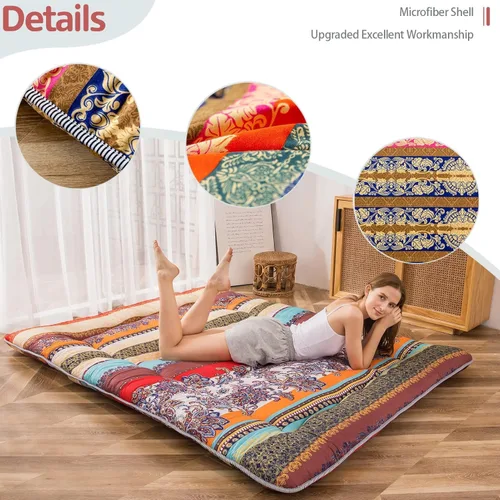 Miniatura 6 de MAXYOYO Colchón bohemio retro de suelo, clásico, floral, estilo japonés; futón enrollable y grueso para dormir, portátil, para campamento que se