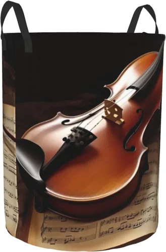Miniatura 2 de Cesta circular con estampado de violín y libro, impermeable, cesta organizadora de lavandería, con asas, para ropa, juguetes, pequeña