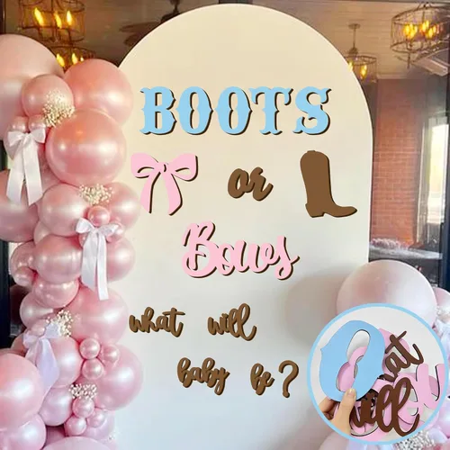 Miniatura 6 de Adhesivos de madera para señalización de revelación de género, arco de globos "¿Qué será el bebé?", botas o lazos, suministros de decoración