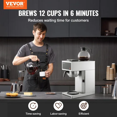 Miniatura 2 de VEVOR Cafetera comercial de goteo, cafetera de 12 tazas con 2 jarras de vidrio y 2 platos calentadores de decantador, cafetera de acero inoxidable