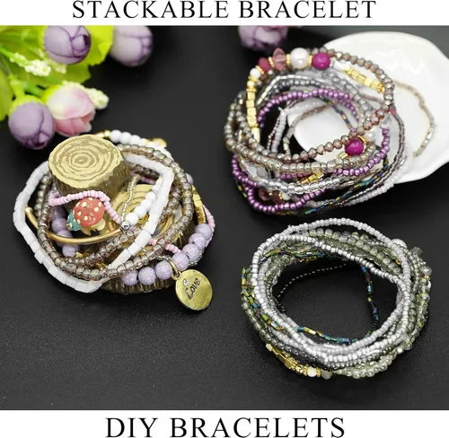 Miniatura 6 de FINREZIO 3-5 Sets Bohemian Beaded Bracelets for Women Multilayer Stretch Stackable Bracelet Set Multicolor Jewelry