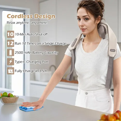 Miniatura 9 de COSTWAY Masajeador de cuello y hombros con calor, máquina shiatsu de amasado de tejido profundo 4D para aliviar el dolor, almohada masajeadora