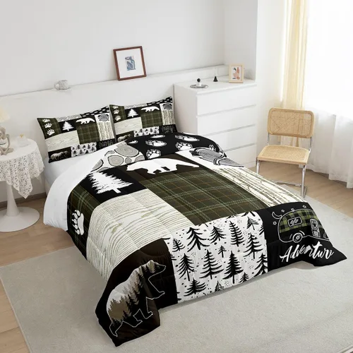 Miniatura 114 de Juego de edredón de cuernos de ciervo tamaño individual, juego de ropa de cama rústica de granja con huellas de oso y pinos para decoración