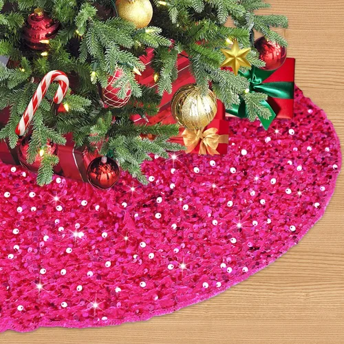 Miniatura 7 de Falda de árbol de lentejuelas rosa intenso brillante Falda de árbol de Navidad de 21 pulgadas con lentejuelas bordadas y brillantes, tela