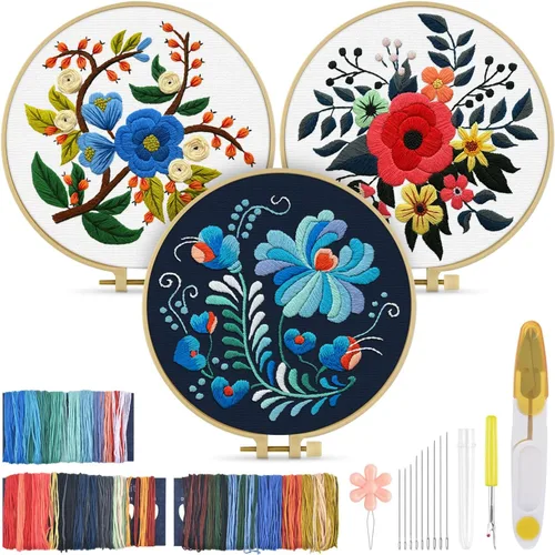Miniatura 13 de TINDTOP 3 juegos de kit de práctica de bordado, kit de bordado de mariposas y flores para principiantes incluye tela, aros, hilos para amantes