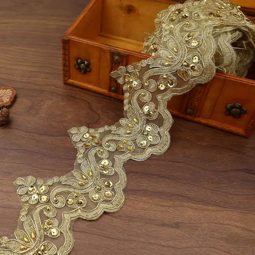 IDONGCAI Cinta metálica de lentejuelas 3D con ribete de encaje dorado vintage para alteraciones de vestidos de novia, manualidades de cabaña y