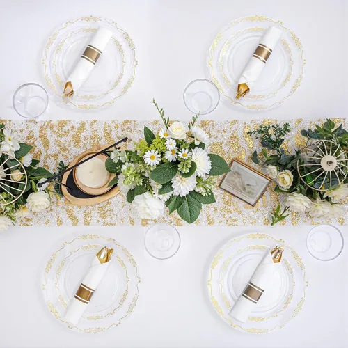 Miniatura 9 de U-QE 175 platos y servilletas de plástico dorado para fiestas, juego de vajilla transparente y dorado para 25 invitados, 25 platos llanos, 25 platos