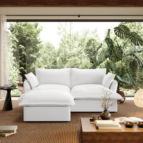 Miniatura 46 de Sofá modular de mezcla de lino para sala de estar, cómodo sofá modular con relleno de plumón, moderno sofá cama convertible con asiento profundo