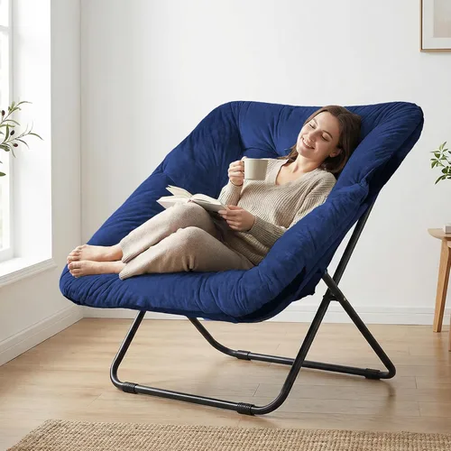 Miniatura 14 de Grezone Silla plegable con platillo, silla de luna perezosa de gran tamaño con marco de metal, cómodas sillas de dormitorio para dormitorio, sala