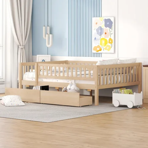 Miniatura 15 de P PURLOVE Sofá cama matrimonial con nido, marco de sofá cama con barandillas de valla, sofá cama de madera para niños, niñas y adolescentes jóvenes