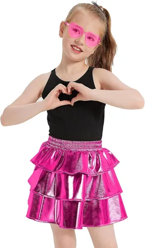 Miniatura 2 de techcity Falda metálica brillante de 3 capas con volantes para niñas, ropa de disfraz de fiesta de baile para niñas de 4 a 13 años con gafas