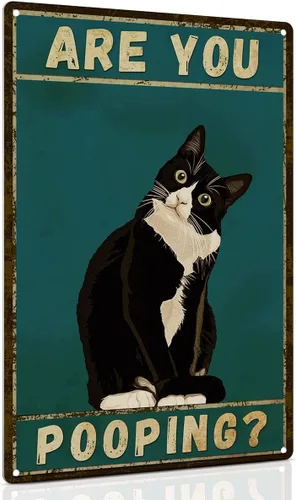 ALKB Letrero de baño con diseño de gato esmoquin, divertido letrero de metal de 8 x 12 pulgadas – Are You Pooping – Decoración de pared de gloria de