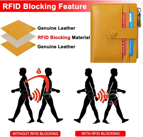Miniatura 5 de FALAN MULE Billeteras pequeñas para mujer, con bloqueo RFID, delgada, plegable, de cuero, con cremallera, monedero, AP-amarillo, Minimalista