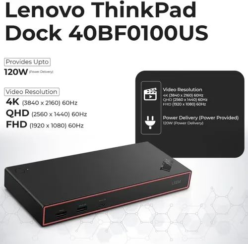 Miniatura 3 de Lenovo 40BF0100US USB4 Docking Station for Laptops with 100W Adapter, HDMI, DisplayPort, USB C Cables & Cloth - Docking Station