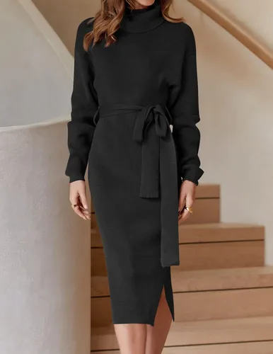 Miniatura 45 de ZESICA - Vestido por debajo de la rodilla de suéter, de cuello alto, para mujer, de manga larga, de punto acanalado, con abertura y cinturón