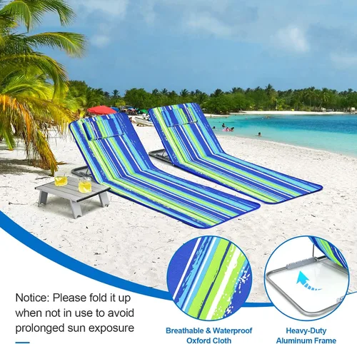 Miniatura 7 de COSTWAY Sillas de playa de 3 piezas, tumbona para exteriores con mesa auxiliar, 5 posiciones reclinables, sillas de bronceado ligeras y portátiles
