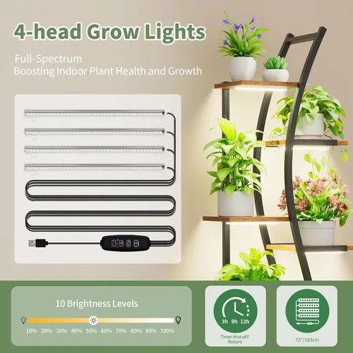 Miniatura 6 de MJOMKN Soporte para plantas de interior de 62 pulgadas con luces de crecimiento, estante alto de metal para plantas de 7 niveles, soporte esquinero
