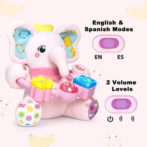Miniatura 5 de Ryotagift Animales de Peluche Juguetes de Elefante Musical Bilingüe para Bebé, Juguete de Aprendizaje Temprano para Infantes con Música con Luces
