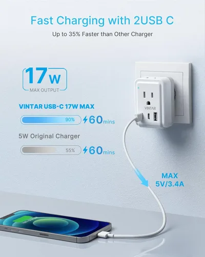 Miniatura 4 de VINTAR - Paquete de 1 adaptador de enchufe de viaje europeo, enchufe de alimentación internacional plegable con 2 salidas de CA, 3 puertos USB