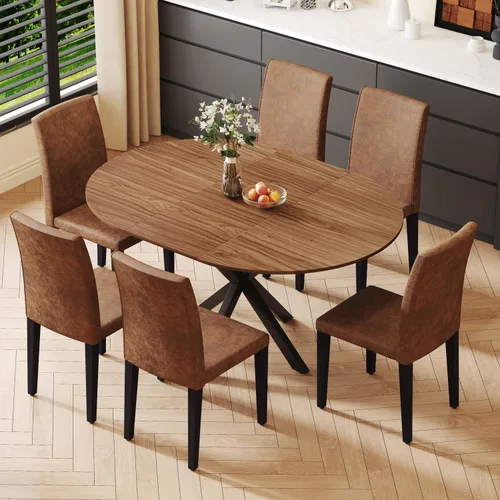 Miniatura 10 de Juego de mesa de comedor redonda para 4, juego de mesa de comedor extensible de 43-59 pulgadas, mesa de grano de madera de nogal y 4 sillas
