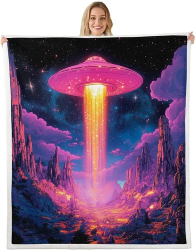 Miniatura 40 de Manta de franela de alienígena, misteriosa nave espacial estrellada con purpurina y planetas de cielo para decoración de habitaciones, manta