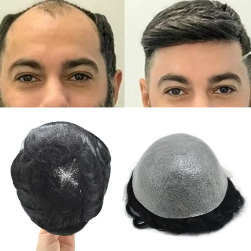 Cabello humano para hombres, tupé, piezas de cabello humano europeo, todas las piezas de cabello con bucle en V, 0.002 in, piel fina, sistemas de