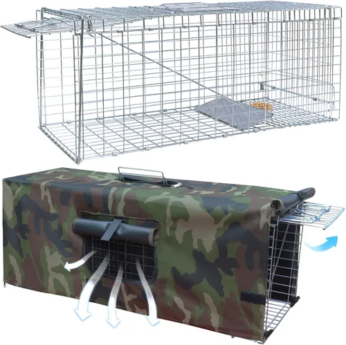 Miniatura 11 de Funda para jaula de animales vivos, trampa para gatos callejeros de 32 pulgadas, trampa plegable con puerta real para mapaches, zarigüeyas
