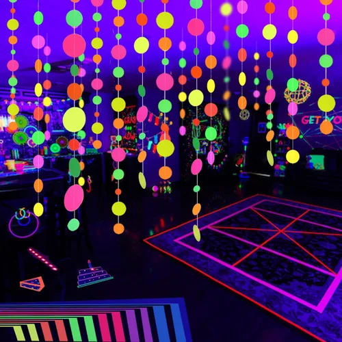 Miniatura 2 de Serpentinas de guirnalda de papel de neón redondas UV de 115 pies, decoraciones de luz negra para suministros de fiestas que brillan y decoraciones