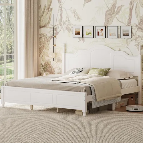 Miniatura 15 de Merax Cama clásica retro de madera maciza con cabecero, marco de cama matrimonial, no necesita somier, fácil de montar, color blanco