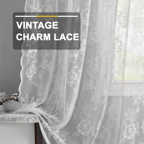 Miniatura 5 de FINECITY Cortinas de encaje blanco para dormitorio, cortinas de encaje floral con bordado vintage de hojas de 72 pulgadas de largo, cortinas