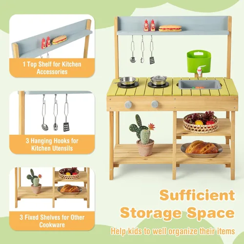 Miniatura 5 de HONEY JOY Cocina de barro, cocina de madera de abeto para niños, mesa de barro, agua corriente, fregadero extraíble, juego de cocina para niños al