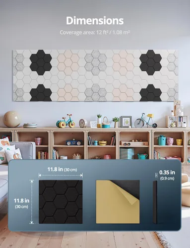 Miniatura 8 de Paneles acústicos de pared absorbentes de sonido, panel de azulejos autoadhesivos de panal de abeja, paquete de 12 unidades de diseño hexagonal Beige