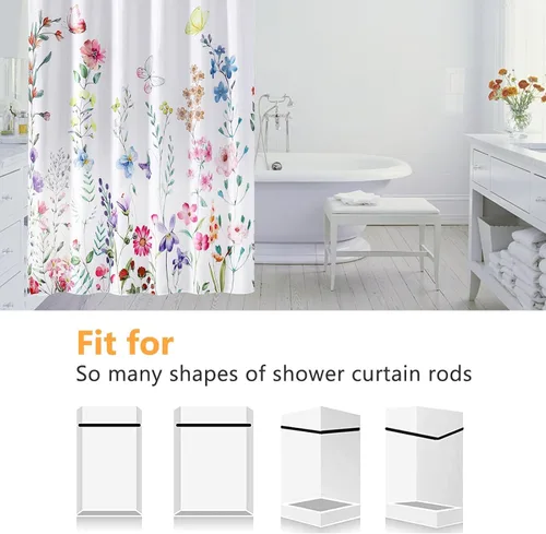 Miniatura 8 de Juego de 4 cortinas de ducha con alfombras antideslizantes, cubierta para tapa de inodoro y tapete de baño, cortinas de ducha de tela floral de 72 x