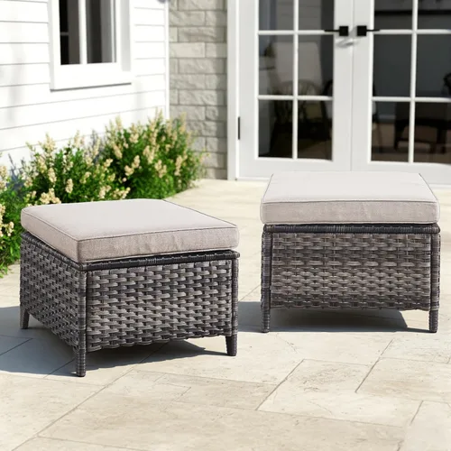 Miniatura 16 de Belord Juego de 2 taburetes otomanos de mimbre de ratán para todo tipo de clima, con cojines suaves para muebles de patio Cojín de mimbre gris