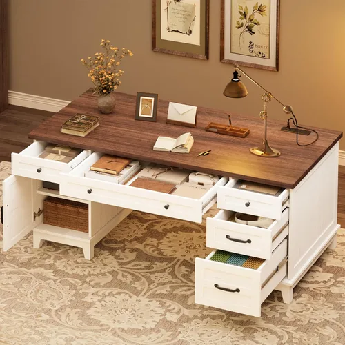 Miniatura 12 de GarveeHome Escritorio ejecutivo de granja con cajones de archivos, escritorio de oficina en casa de 60 pulgadas con estación de carga, escritorio