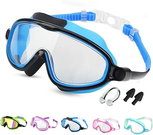 Gafas de natación de marco grande impermeables y antivaho para niños, gafas de natación de visión amplia de verano 2025 para niños y niñas Azul