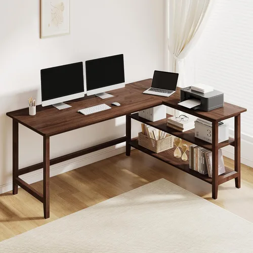 Miniatura 10 de IOTXY Reversible L-Shaped Office Desk - 53" Modern Corner Computer Table with Storage Shelves, Solid Wood Legs, Home Writing & Study Workstation