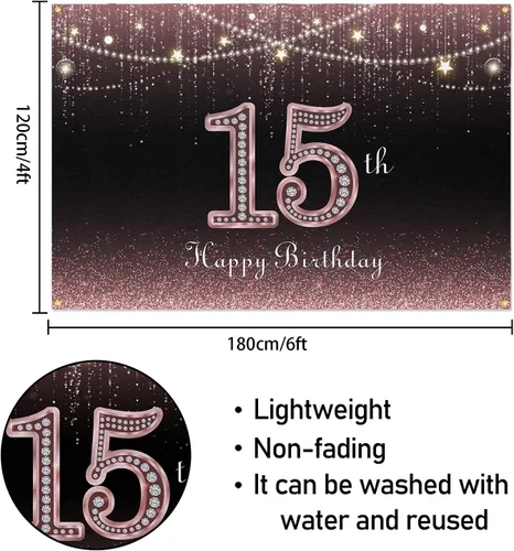 Miniatura 2 de HAMIGAR Fondo de pancarta de feliz cumpleaños número 15 de 6 x 4 pies, decoraciones de cumpleaños de 15 años, suministros de fiesta para mujeres