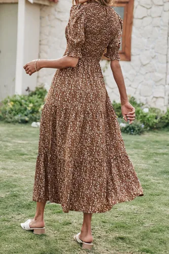 Miniatura 120 de BTFBM Vestidos para mujer, cuello redondo, casual, de verano, con volantes, manga corta, bohemio, con niveles, fruncido, largo, con estampado floral