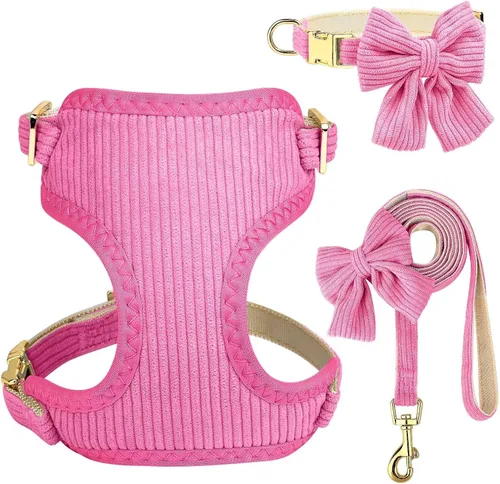 Miniatura 11 de Didog Lindo juego de arnés, collar y correa para perro pequeño con moño, arnés acolchado de malla suave y transpirable para cachorros, arnés rosa