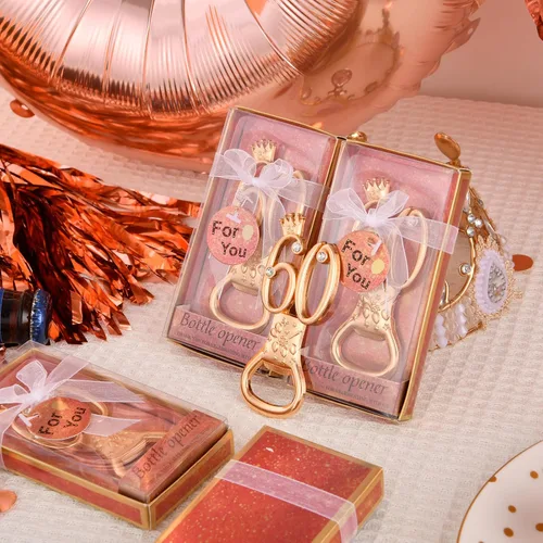 Miniatura 8 de 24 cajas de abrebotellas de cumpleaños número 60 con temática de oro rosa, favorecidas para regalos de fiesta de boda dorada número 60, recuerdos