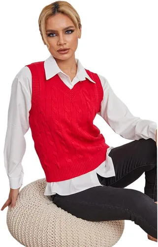 Miniatura 3 de Fisoew Suéter de punto sin mangas con cuello en V para mujer, estilo casual
