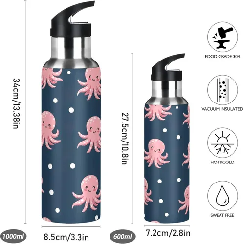 Miniatura 2 de Cute Pink Cartoon Octopuses Insulated Stainless Steel Water Bottle with Straw 20 Oz Leakproof Water Bottles, BPA-Free Sports Water Bottle