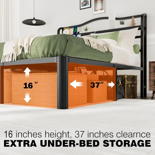 Miniatura 5 de Base de cama Individual XL con cabecera, base de colchón de metal, armazón de cama de 18 pulgadas de alto, no necesita somier, base de cama de 46 cm