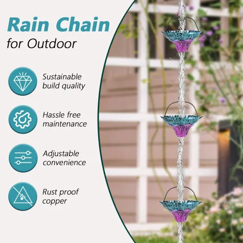 Miniatura 5 de Cadenas de lluvia de 10 pies para exterior, cadena de canalón de lluvia con 12 copas de flores, cadena de captura de agua de lluvia ajustable