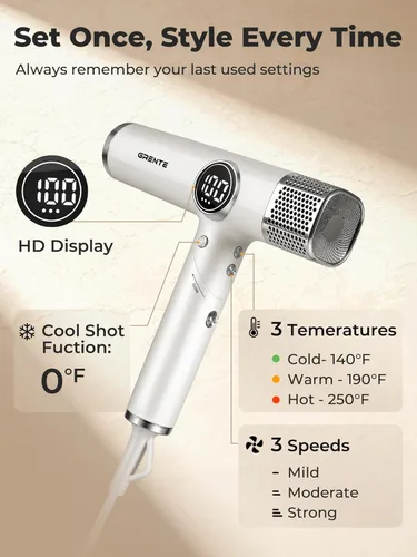 Miniatura 6 de Secador de pelo blanco con difusor, secador de pelo iónico profesional de alta velocidad con pantalla digital de temperatura, difusor magnético