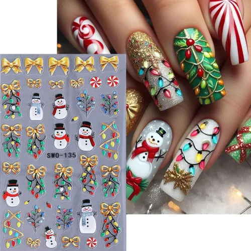Miniatura 8 de Calcomanías de uñas de Navidad, calcomanías de uñas de invierno 3D, autoadhesivas, coloridas, cadena de luces, árbol de Navidad, reno, diseño