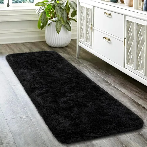 Miniatura 5 de HOMORE Alfombra de pasillo negra de 2 x 6 pies para dormitorio, alfombras esponjosas para pasillo y sala de estar, alfombras antideslizantes