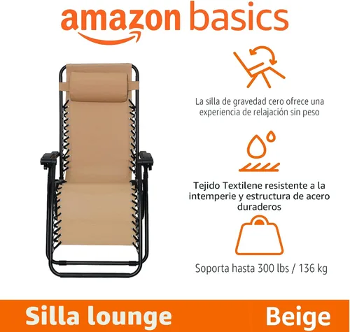 Miniatura 3 de Amazon Basics - Silla de patio para exteriores con gravedad cero, acolchada, reclinable, plegable y ajustable, con almohada, de Textilene, sillas