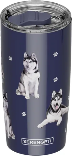 SERENGETI Siberian Husky 20 oz. Vaso de acero inoxidable aislado al vacío con tapa a prueba de derrames - Impresión 3D - Taza de viaje aislada para
